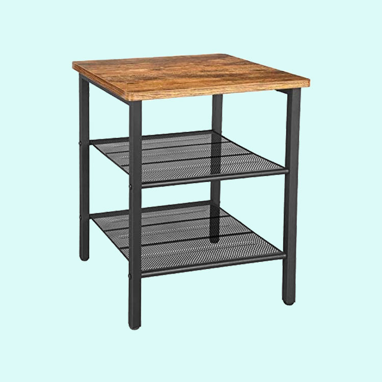 Wood-Steel Nightstand Table with Storage Shelves