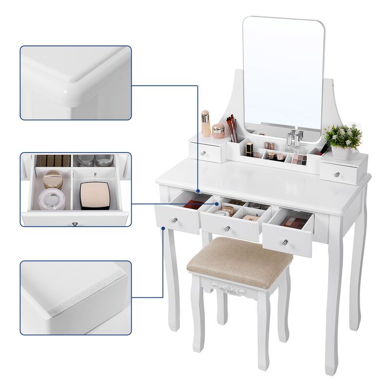 White Wood Dressing Table Set with Mirror