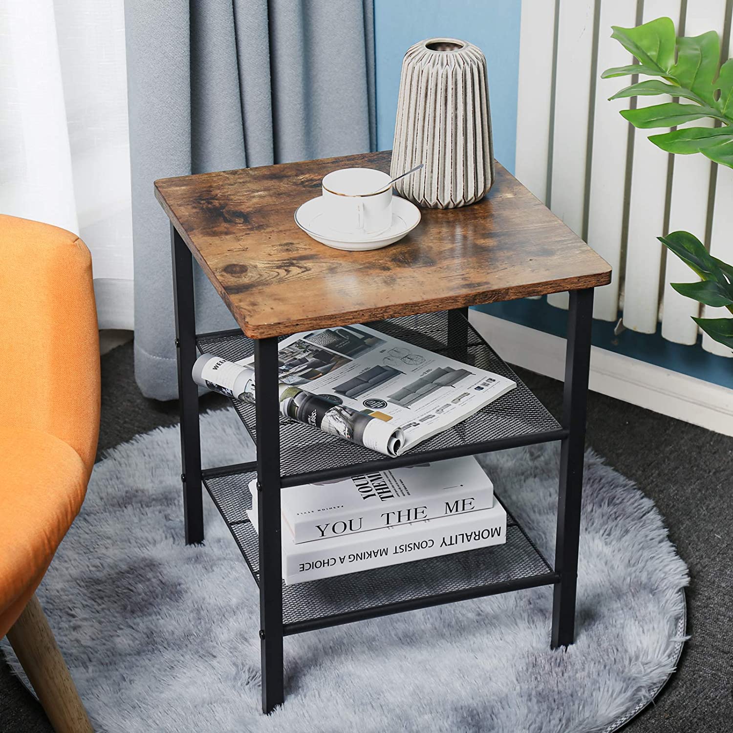 Wood-Steel Nightstand Table with Storage Shelves